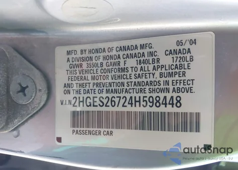 2004 Honda Civic Ex from USA, damaged, VIN 2HGES26724H598448
